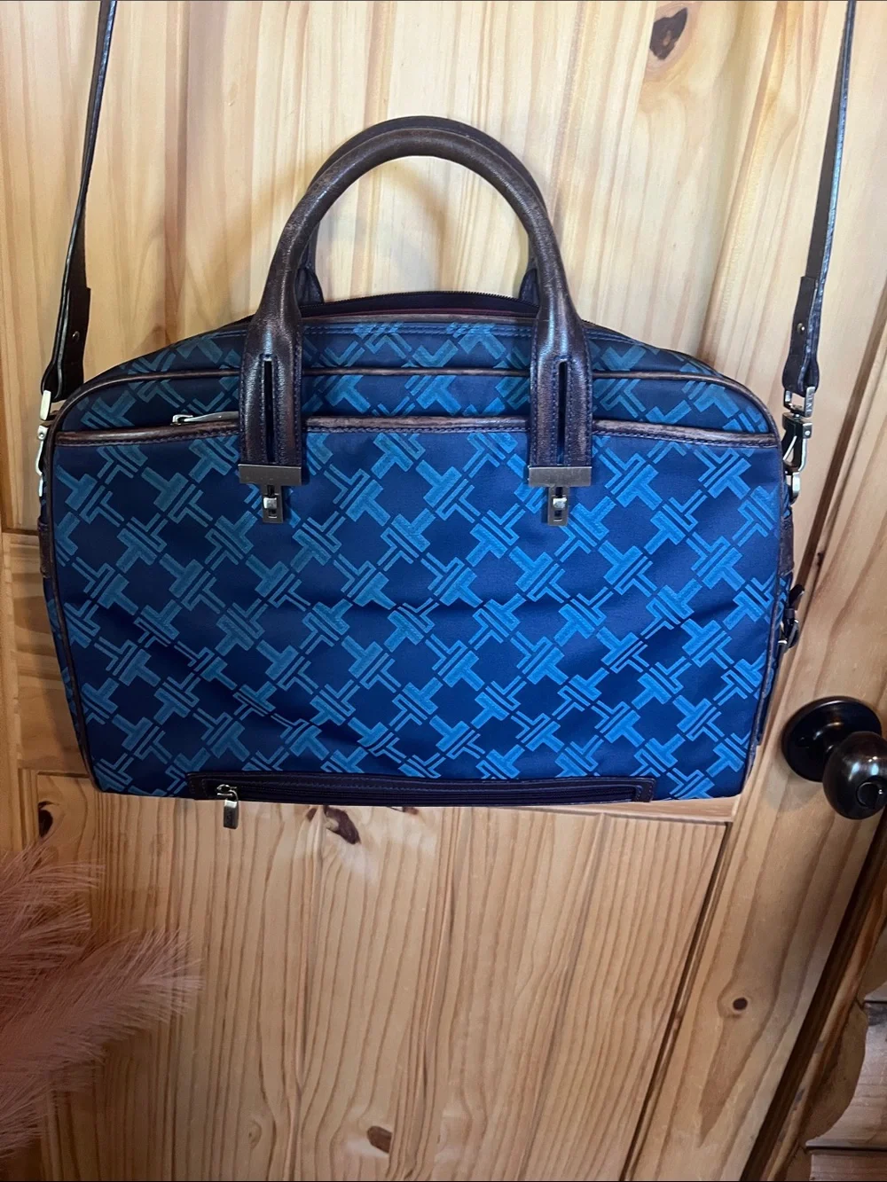 Tumi Navy Blue Patterned Laptop Bag with Dark Brown Trim